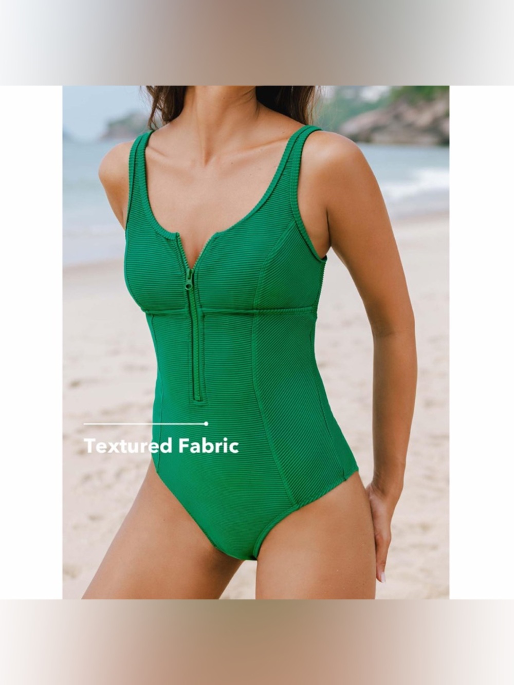 Cupshe Green Ribbed One Piece Swimsuit Size‎ L NWT Zip Front - Picture 5 of 17